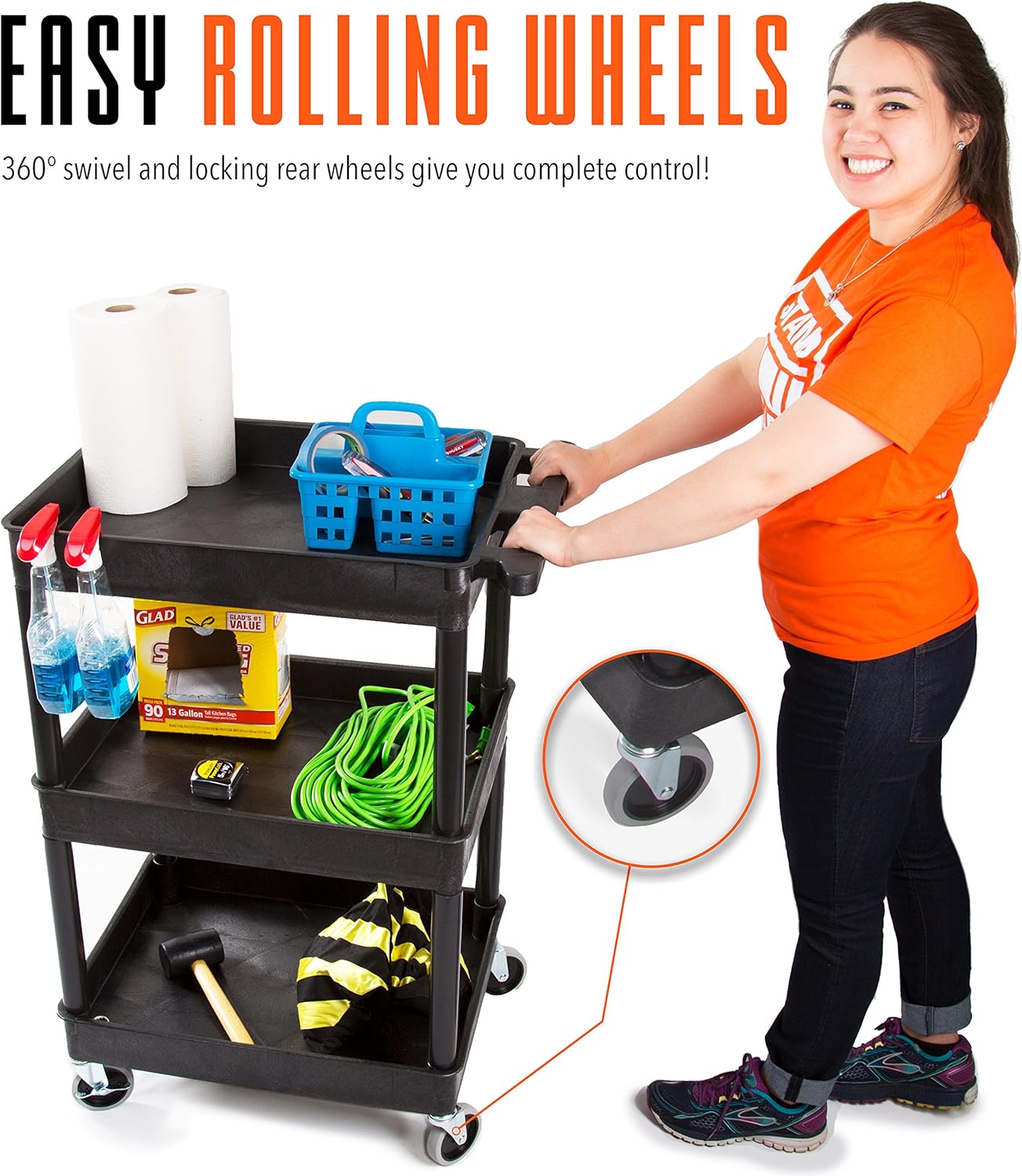 Stand Steady Tubstr Compact Utility Cart, Black, 2.5 in Deep Tub Shelves, 300 lbs Weight Capacity