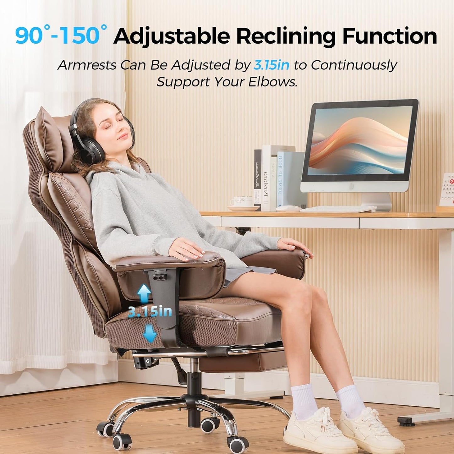 GTPLAYER Big and Tall Gaming Chair 400lbs Heavy Duty Office Chair with Foot Rest & Ergonomic Pocket Spring Lumbar Support, High Back 3D Saddle Shaped Cushion for Back Pain Relief, Brown