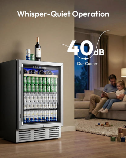 EUHOMY 24 Inch Wine and Beverage Refrigerator, 112 Cans & 8 Bottles Built-in or Freestanding Beverage Refrigerator Double-Layer Glass Door, Under Counter Wine Fridge for Kitchen, Bar, Office