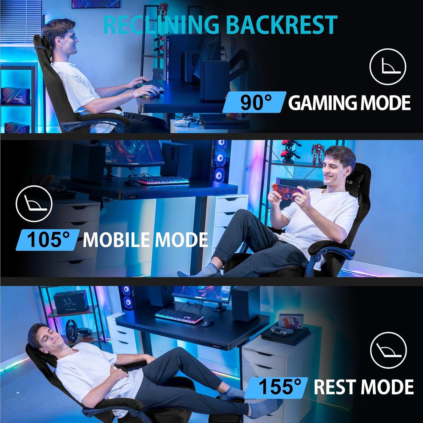 GTPLAYER Gaming Chair Fabric with Pocket Spring Cushion, Big and Tall Gamings Chairs 350LBS High Back Computer Chair with Footrest for Adults Lumbar Support Swivel Game Chair for Office Light Black