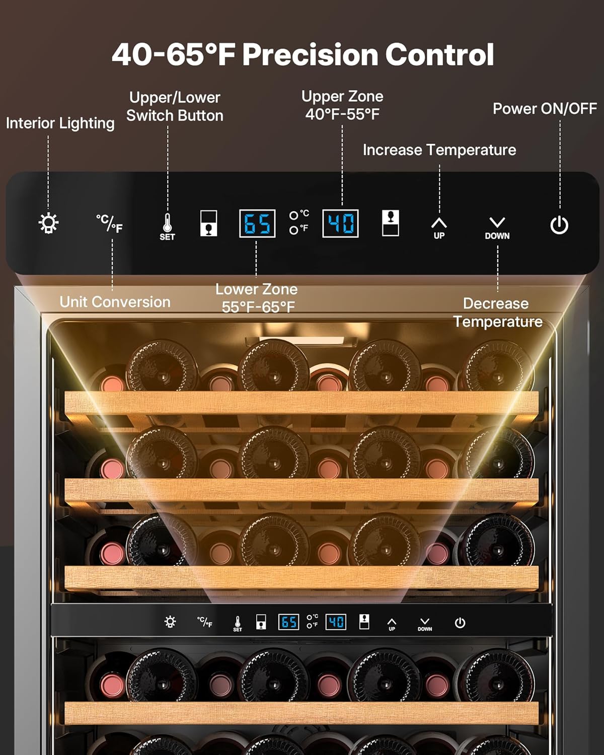 Upstreman 24 Inch Wine Fridge, 54 Bottles Dual Zone Wine Cooler Under Counter, Built-in or Freestanding Wine Fridge with Stainless Steel Glass Door for Home, Bar, or Kitchen
