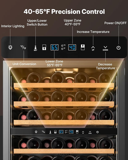 Upstreman 24 Inch Wine Fridge, 54 Bottles Dual Zone Wine Cooler Under Counter, Built-in or Freestanding Wine Fridge with Stainless Steel Glass Door for Home, Bar, or Kitchen