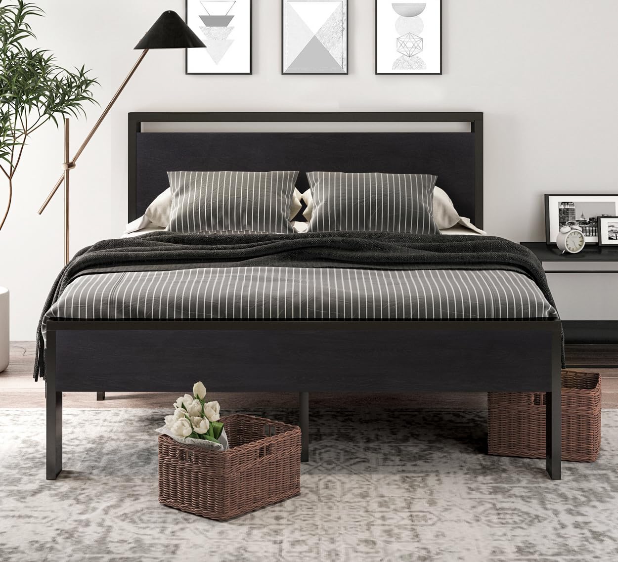 SHA CERLIN 14 Inch Queen Metal Bed Frame with Wooden Headboard