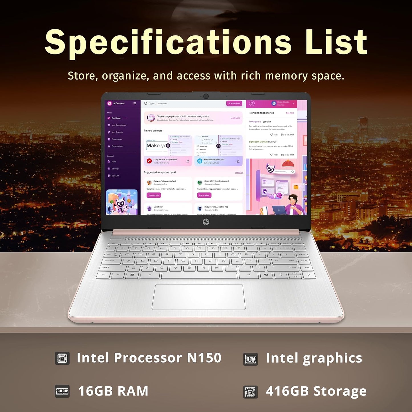 HP Stream 14" HD BrightView Laptop, Intel Processor N150, 16GB RAM, 416GB Storage (128GB eMMC + 288GB Docking Station Set), Intel UHD Graphics, 720p Camera, Wi-Fi, 1 Year Office 365, Win 11 S, Gold.