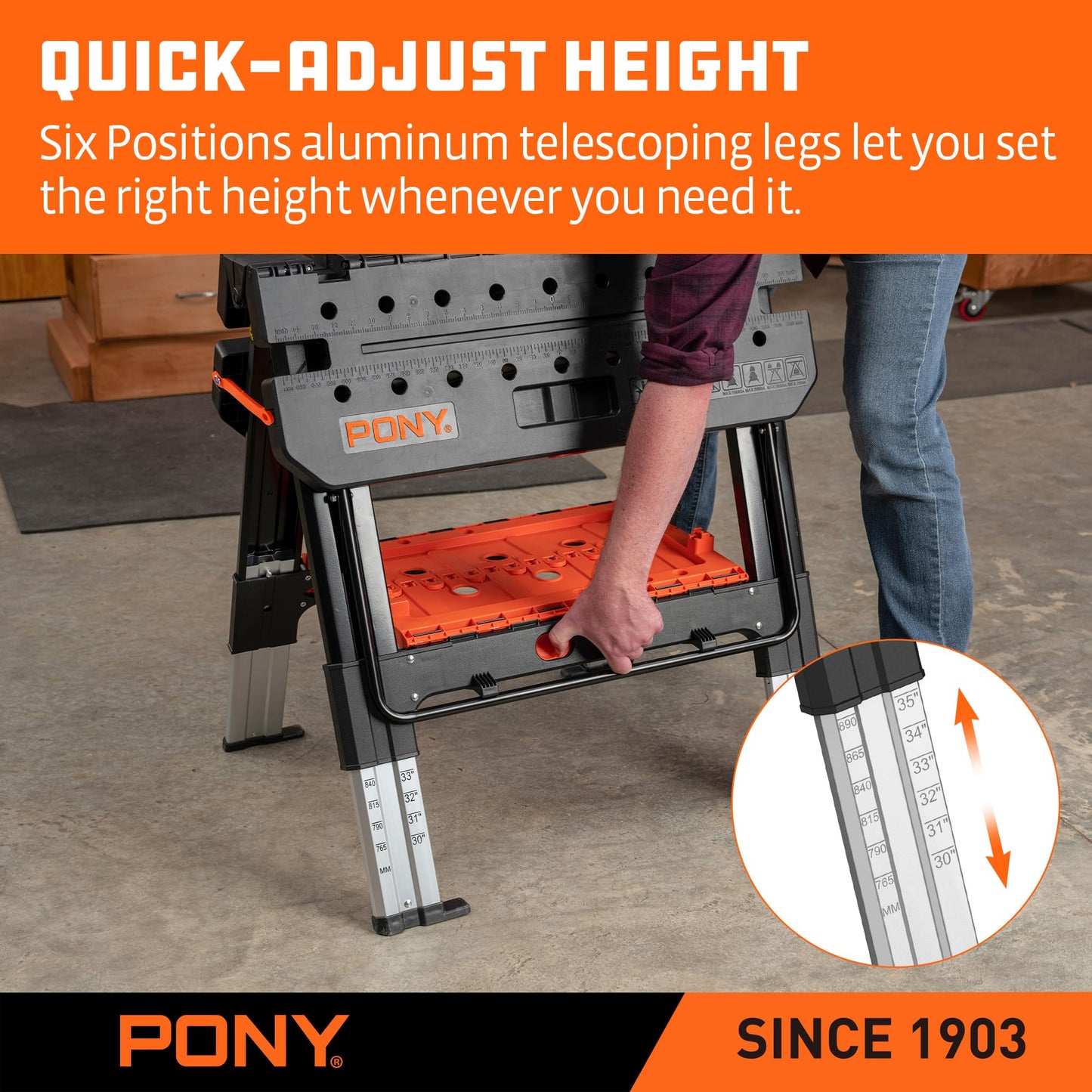 PONY Portable Folding Work Table - 2-in-1 Sawhorse & Workbench