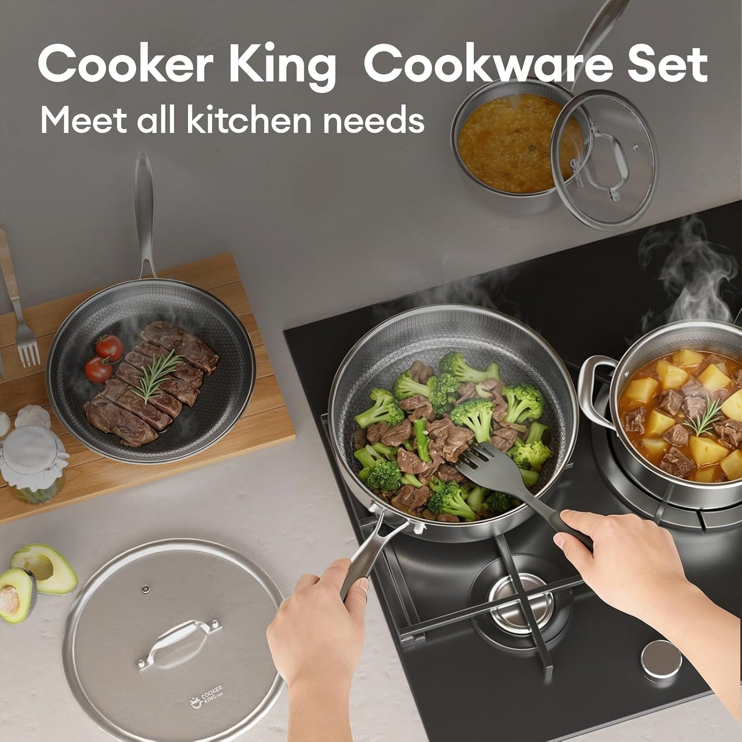COOKER KING Non Stick Pots and Pans Set, 10pcs Hybrid Stainless Steel Cookware Set, Frying Pans, Saucepans, Saute Pan & Stock Pot, Non Toxic, Oven & Dishwasher Safe, Induction & All Cooktop Compatible