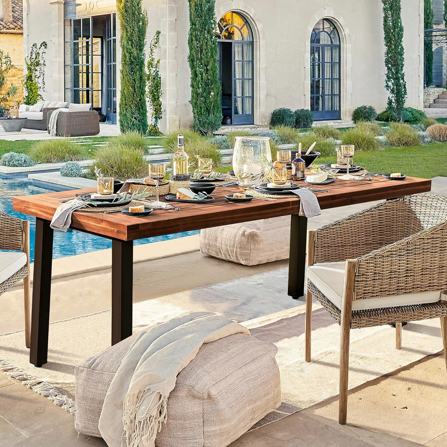 Devoko Home Acacia Wood Dining Table 6-Person Indoor Outdoor Table with Iron Legs, Sandblast Finish, Natural Stained, Rustic Metal, 69 * 33 * 30 inch (Walnut Brown)