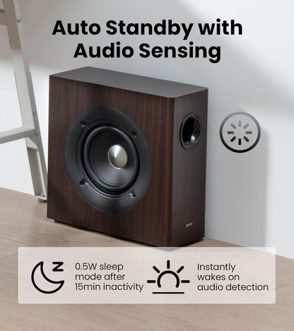 Edifier T5s Powered Active Subwoofer with 70W RMS, 8" Long-Throw Woofer, Deep Bass (35Hz) Speaker, Built-in Amp, Low Distortion, Phase Selector & Energy-Efficient for Home & Studio Audio, Brown