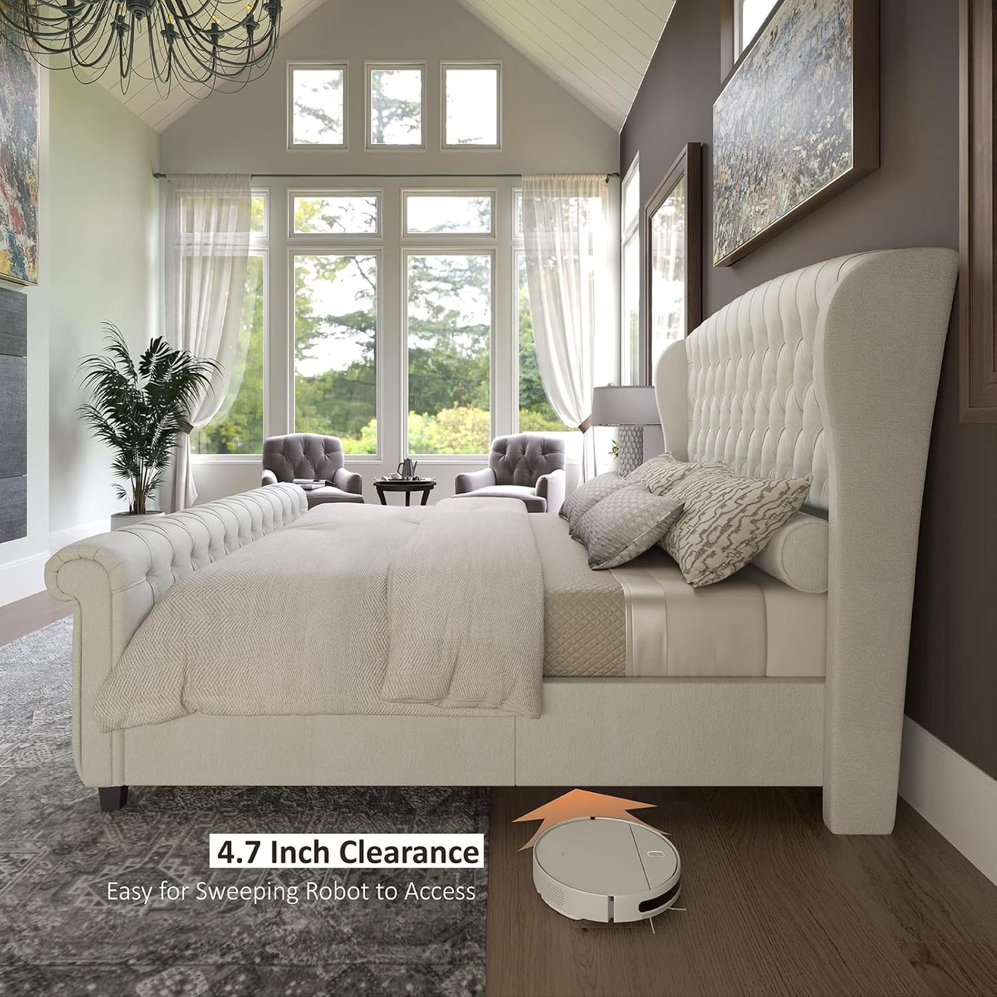 AMERLIFE King Size Platform Bed Frame, Chenille Upholstered Sleigh Bed with Scroll Wingback Headboard & Footboard/Button Tufted/No Box Spring Required/Cream