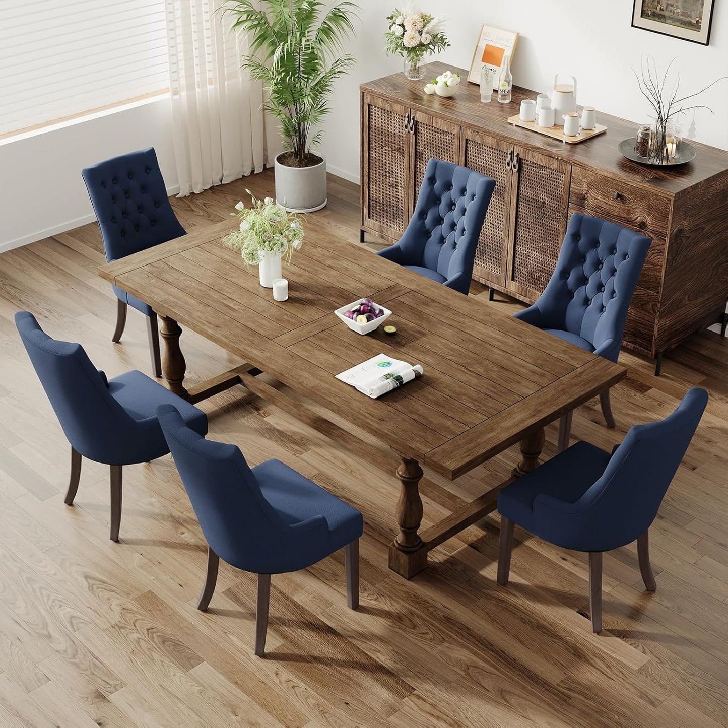 COLAMY Wingback Upholstered Side Dining Room Chairs Set of 6, Fabric Dining Chairs with Tufted Button, Living Room Chairs for Home Kitchen, Blue
