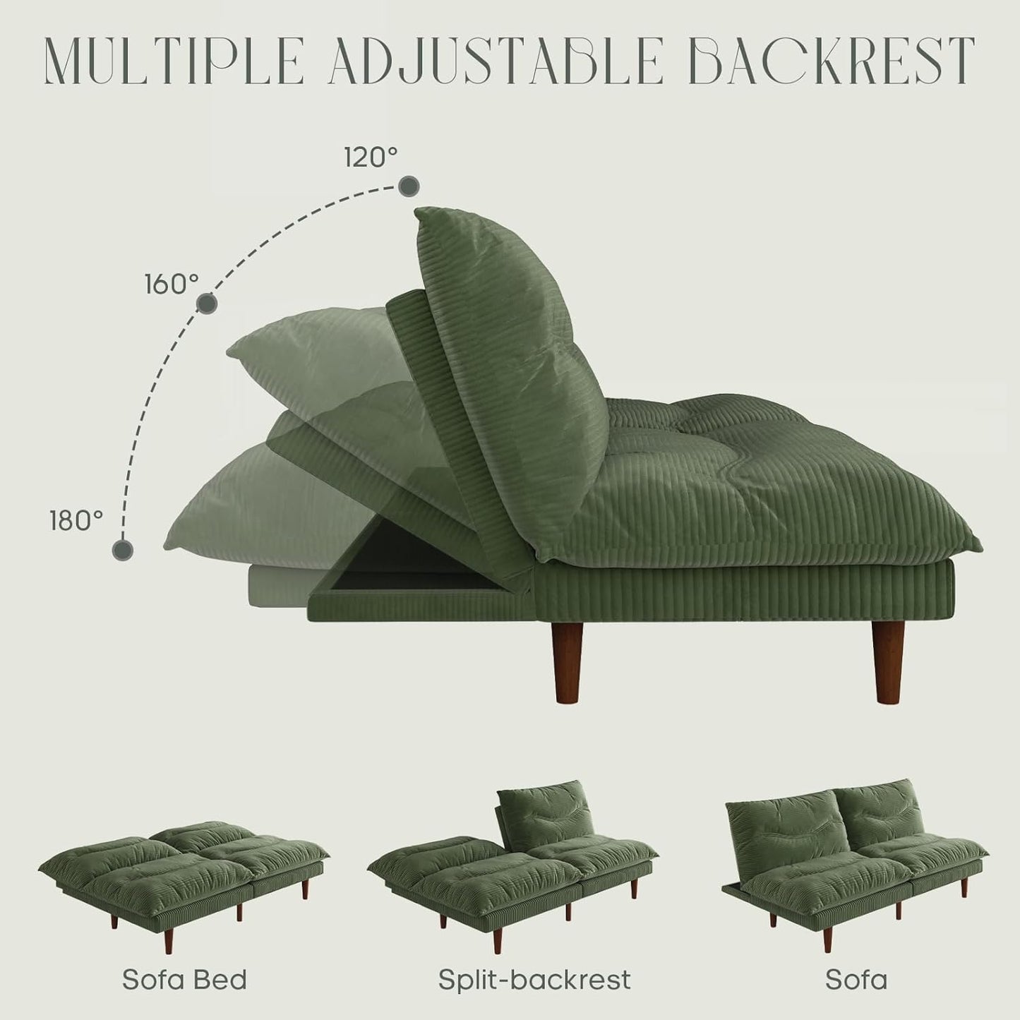 DreamDashio Futon Sofa Bed, 69 inch Futon Couch with Adjustable Backrest, Corduroy Convertible Sleeper Sofa Bed, Folding Sleeper Recliner for Apartment, Living Room, Office, Green