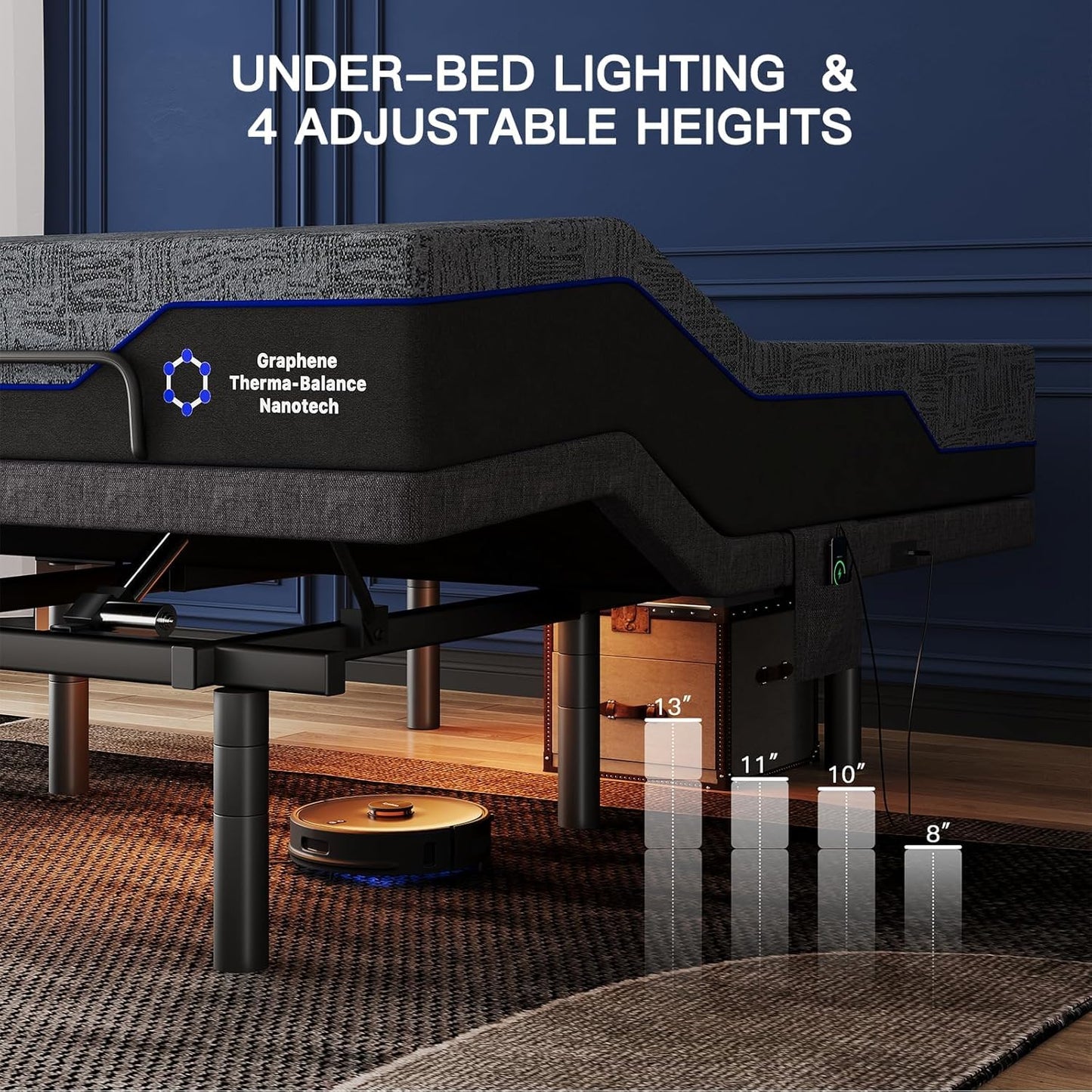 Pipishell Queen Adjustable Bed Frame and 12 Inch Memory Foam Mattress with Massage, Zero Gravity, Anti-Snore, Head and Foot Incline, Wireless Remote, 4 USB Ports, LED Night Light, Medium Firm Support