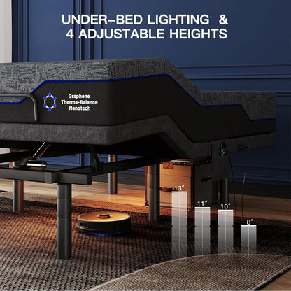 Pipishell Queen Adjustable Bed Frame and 12 Inch Memory Foam Mattress with Massage, Zero Gravity, Anti-Snore, Head and Foot Incline, Wireless Remote, 4 USB Ports, LED Night Light, Medium Firm Support