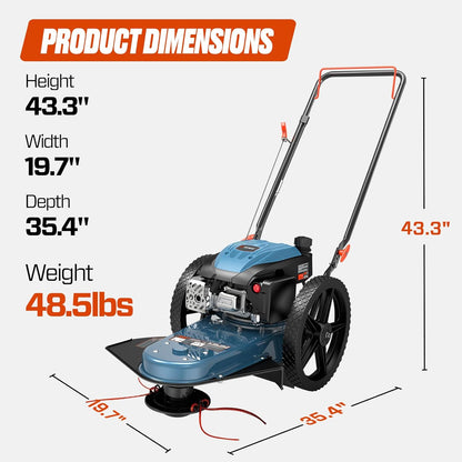 SENIX 22-Inch Gas Walk Behind Brush Cutter and String Trimmer, 160 cc 4-Cycle Engine, 14" Rubber High Wheels, with .155-Inch Heavy-Duty Line, Steel Deck, Adjustable Cutting Height