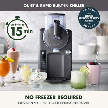 GreenPan Frost Ice Cream Maker & Slushie Machine, Soft Serve, Sorbet, Margaritas, Milkshakes, Frozen Yogurt, No Pre-Freezing, Ready in 15 Mins, 6 Modes, 7 Textures, Self-Cleaning, Family Size, Gray