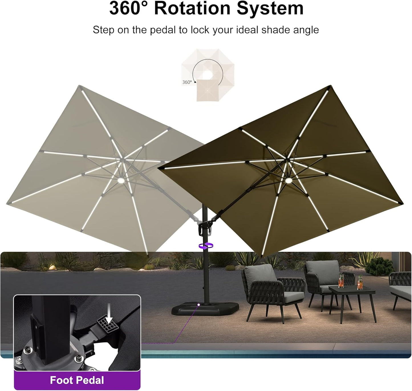 PURPLE LEAF 10 Feet Patio Umbrella with Base Outdoor Cantilever Solar Powered LED Swivel Square Umbrella Aluminum Offset Umbrella with 360-degree Rotation for Garden Deck Pool Patio, Beige