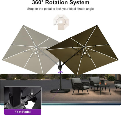 PURPLE LEAF 10 Feet Patio Umbrella with Base Outdoor Cantilever Solar Powered LED Swivel Square Umbrella Aluminum Offset Umbrella with 360-degree Rotation for Garden Deck Pool Patio, Beige
