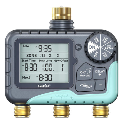RAINPOINT 3 Zone Water Timer with Brass Inlet & Outlet