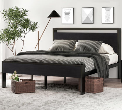 SHA CERLIN 14 Inch Queen Metal Bed Frame with Wooden Headboard