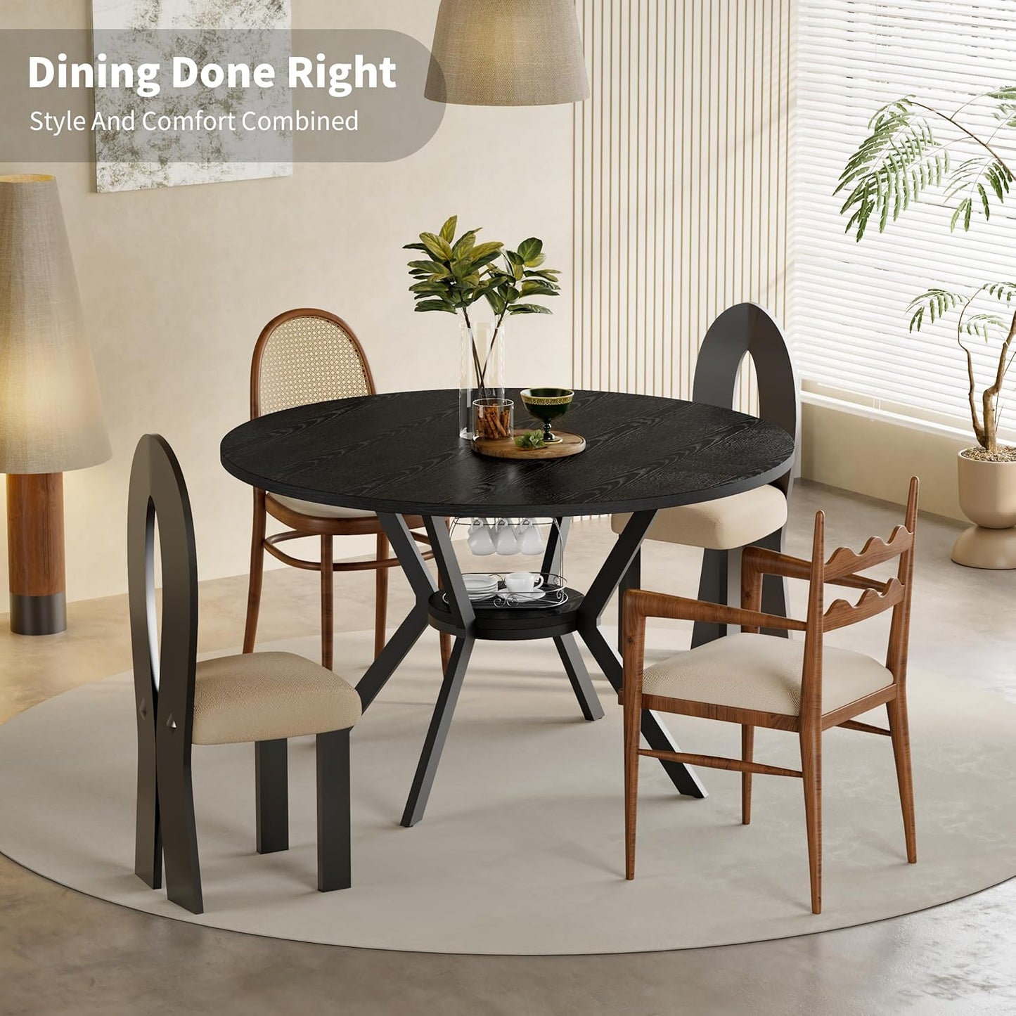 Black Dining Table for 2-4, 42 Inch Round Kitchen Table with Storage, Wooden Circle Dinner Table with Metal Legs, Rustic Mid Century Modern Dining Room Tables for Kitchen, Living Room, Dining Room