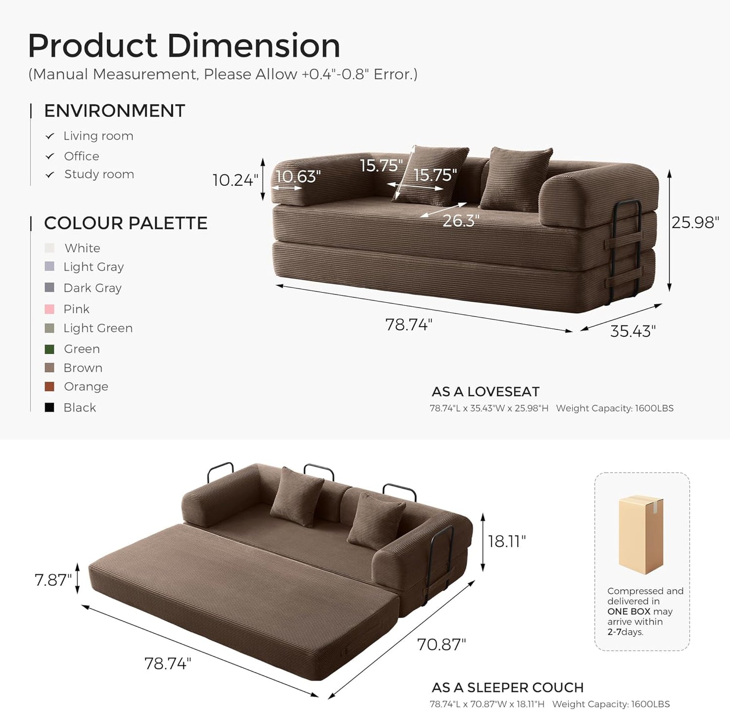 79" Convertible Sofa Bed with Fixed-Shape Frame & Removable Armrests, Modular Corduroy Sleeper Sofa, Folding Mattress Couch for Small Spaces - No Assembly Needed in Brown (Includes 2 Pillows)
