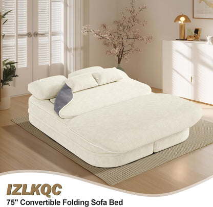75'' Folding Sleeper Sofa Bed, Convertible Memory Foam Boneless Couch, Foldable Full Size Guest Bed, Modern 2-in-1 Futon Floor Sleeper Sofa with 4 Pillows and Blanket (Chenille, Beige1)