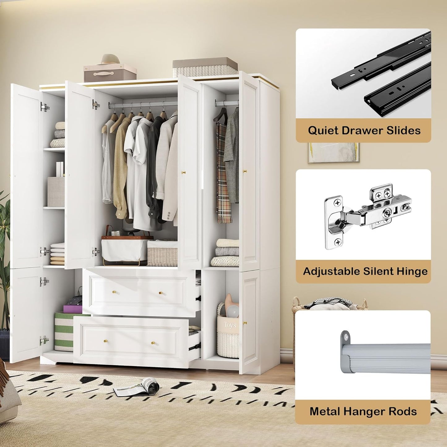 White Wardrobe with 2 Drawers: 74" Large Wardrobe Closet for Hanging Clothes, Tall Armoire Closet with 4 Doors, Bedroom Armoires with Hanging Rod (59")