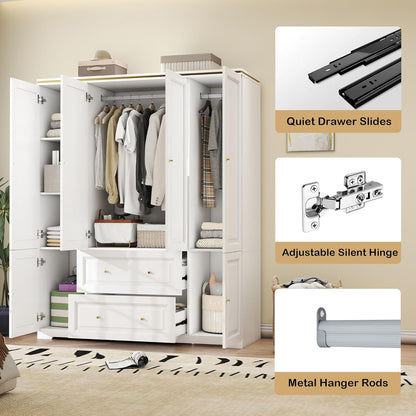 White Wardrobe with 2 Drawers: 74" Large Wardrobe Closet for Hanging Clothes, Tall Armoire Closet with 4 Doors, Bedroom Armoires with Hanging Rod (59")