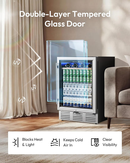 EUHOMY 24 Inch Wine and Beverage Refrigerator, 112 Cans & 8 Bottles Built-in or Freestanding Beverage Refrigerator Double-Layer Glass Door, Under Counter Wine Fridge for Kitchen, Bar, Office