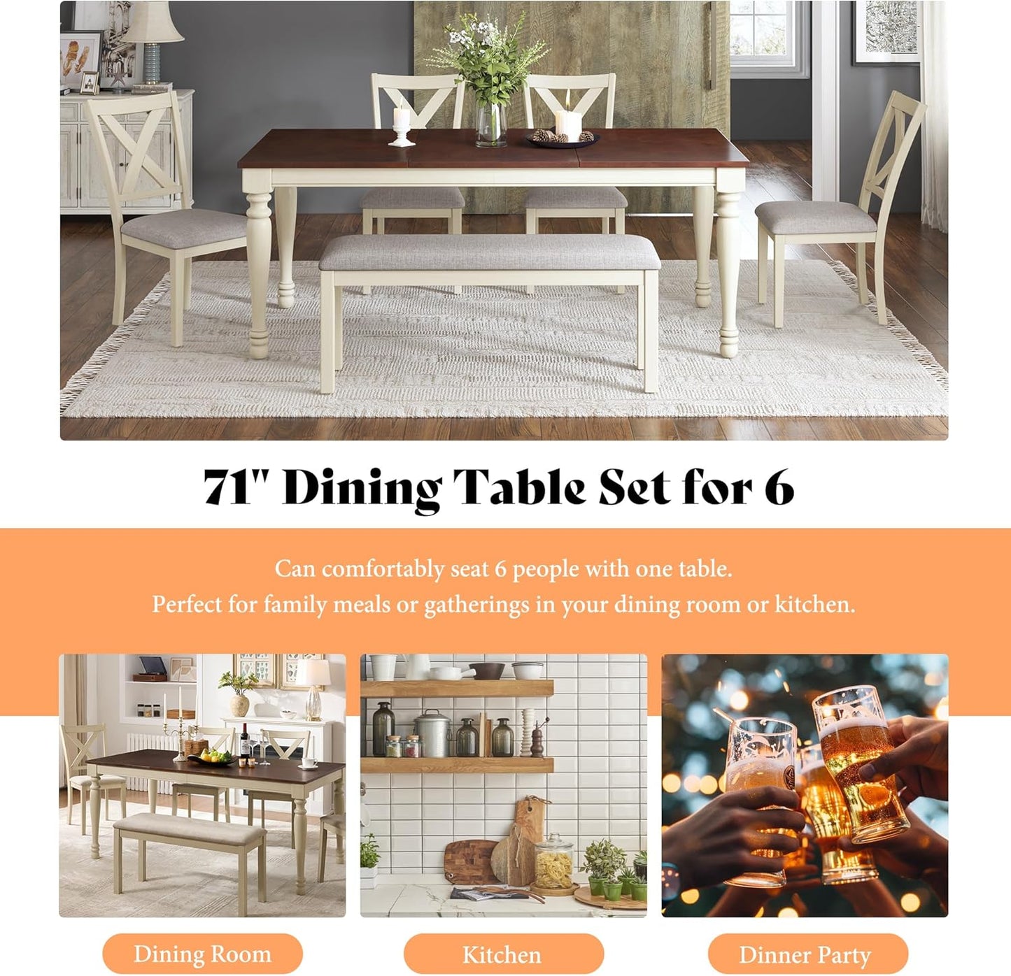 AMERLIFE 6-Piece Farmhouse Dining Table Set for 6-7, 71" Solid Wood Kitchen Table and Chairs, 1 Dining Table, 4 Upholstered Chairs and 1 Bench, Rustic Dining Room Set, Rustic White