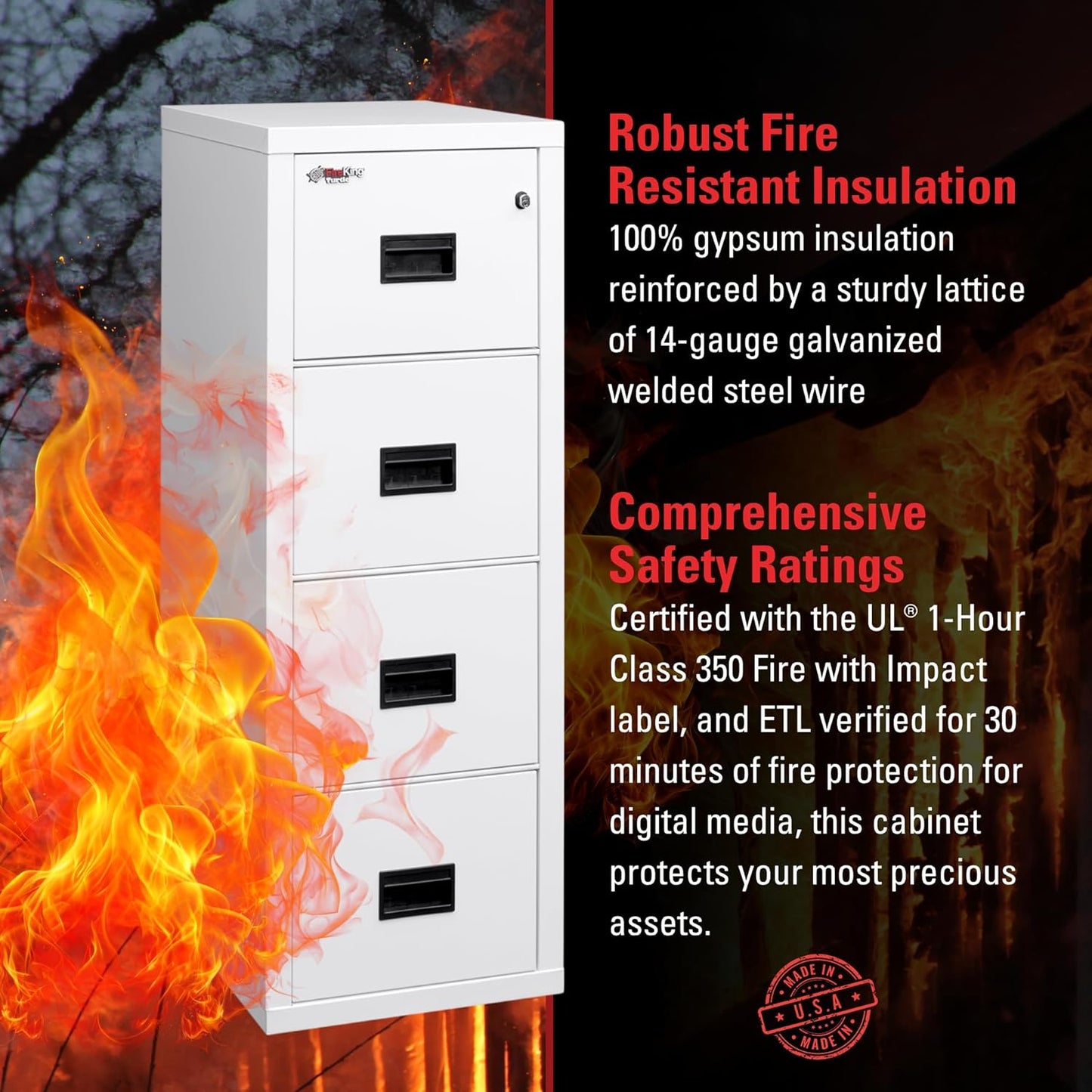 FireKing Turtle Vertical 4 Drawer Legal and Letter Fire Safe File Cabinet with Key Lock, 1 Hour Fire Rated, UL Rated & Water Resistant Home Safe, Filing Cabinet, Made in The USA, Arctic White