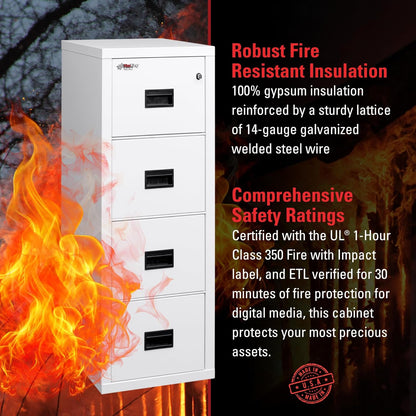 FireKing Turtle Vertical 4 Drawer Legal and Letter Fire Safe File Cabinet with Key Lock, 1 Hour Fire Rated, UL Rated & Water Resistant Home Safe, Filing Cabinet, Made in The USA, Arctic White