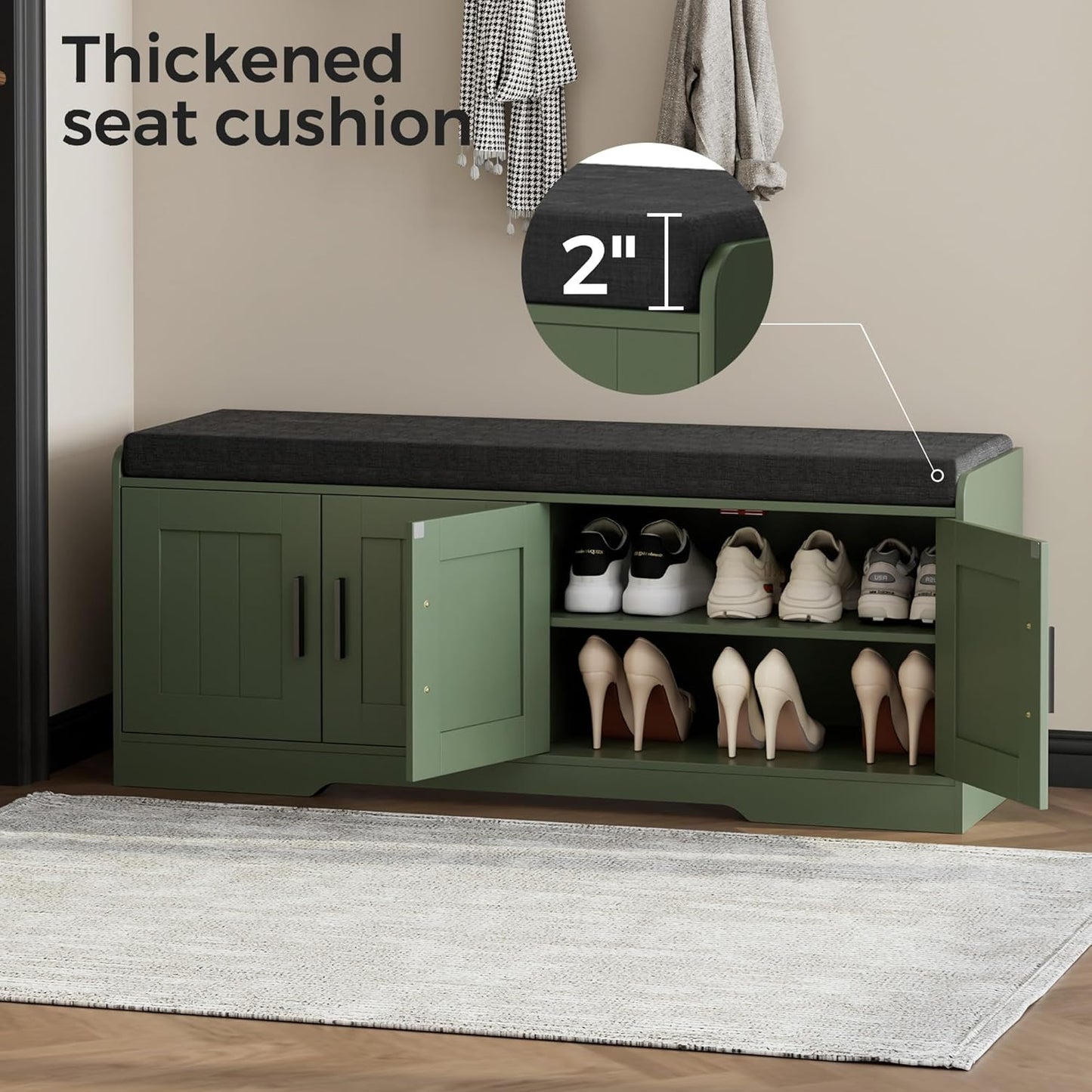 Homleke 2-Tier Storage Bench, Shoe Bench with Thickened Padded Seat Cushion, Entryway Bench with 4 Doors, Adjustable Shelf, 13.8" D x 45.3" W x 18.5" H, for Entryway, Living Room, Bedroom, Green