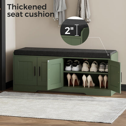 Homleke 2-Tier Storage Bench, Shoe Bench with Thickened Padded Seat Cushion, Entryway Bench with 4 Doors, Adjustable Shelf, 13.8" D x 45.3" W x 18.5" H, for Entryway, Living Room, Bedroom, Green