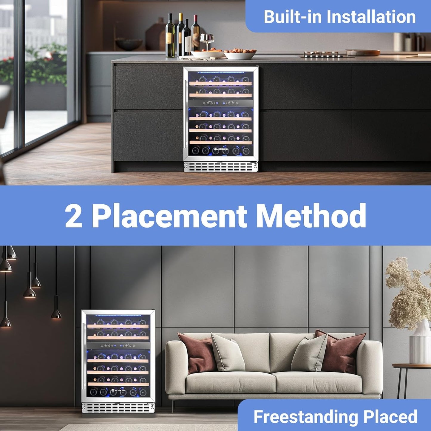 AAOBOSI Wine Fridge Cooler, 46 Bottles,24 inch Dual Zone Wine Cooler Under Counter with Adjustable Shelves,Built-in or Freestanding Wine Refrigerators for Home,Office,Bar