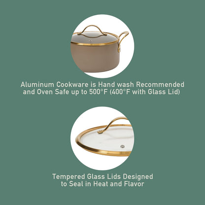 Bloomhouse - Two Time Oprah's Favorite Things Winner - 15 Piece Pots and Pans Heavy Duty Aluminum Premium PFA Free Ceramic Nonstick Dutch Oven Pot with Lid - Cappuccino Cream with Gold Handle