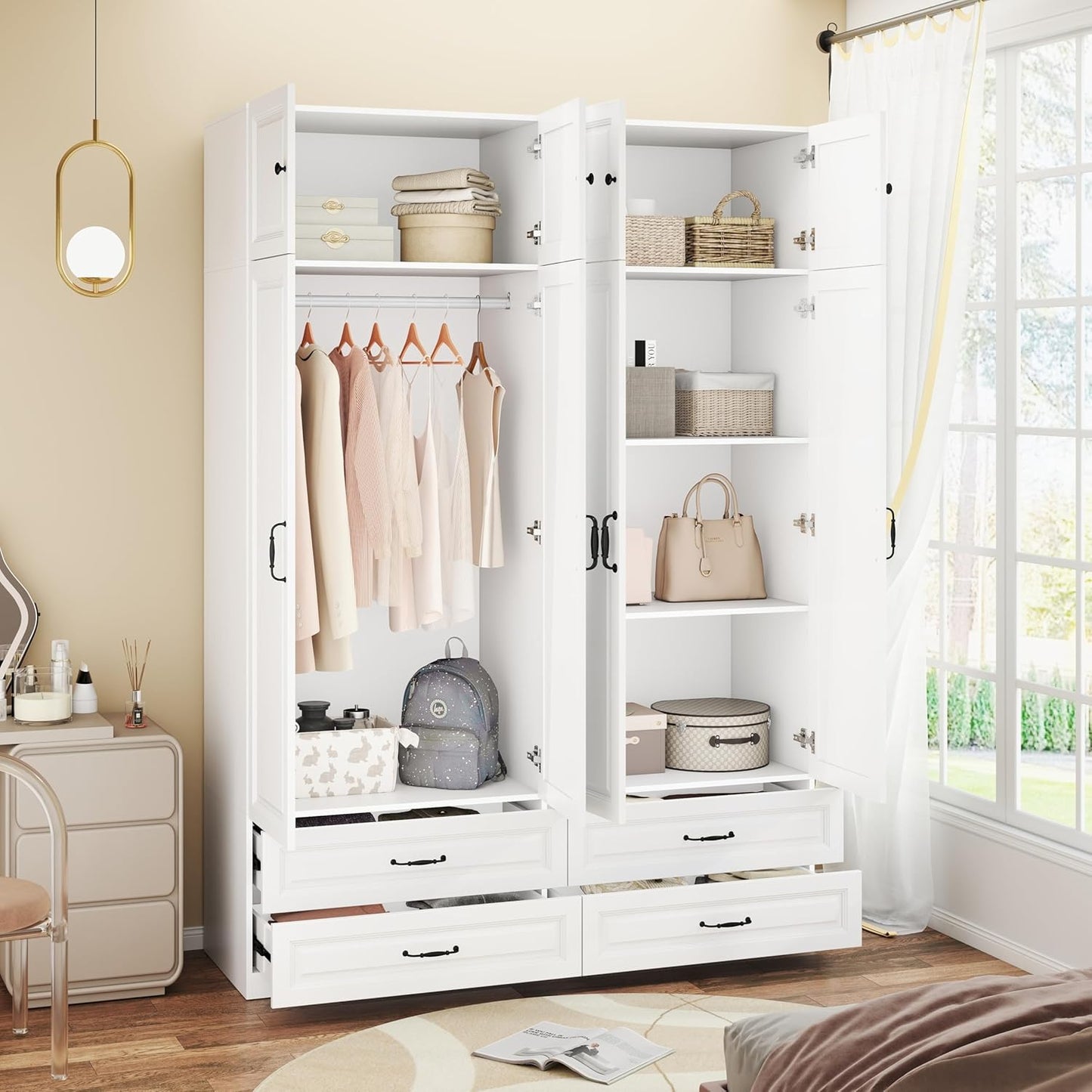 Armoire Wardrobe Closet with Drawers: 63" Large White Wood Wardrobe Closet with 4 Doors and 4 Drawers, Modern Clothes Storage Cabinet for Bedroom Armoire with Shelves (63")