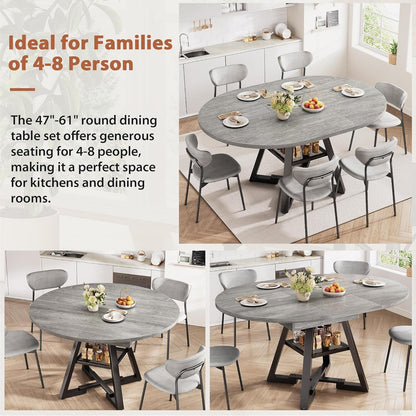 43''-57'' Extendable Round Dining Table for 4-6, Modern Industrial Kitchen Oval Dining Table with Removable Leaves, Space Saving Pedestal Base with Storage Shelf for Kitchen Living Room (Grey)