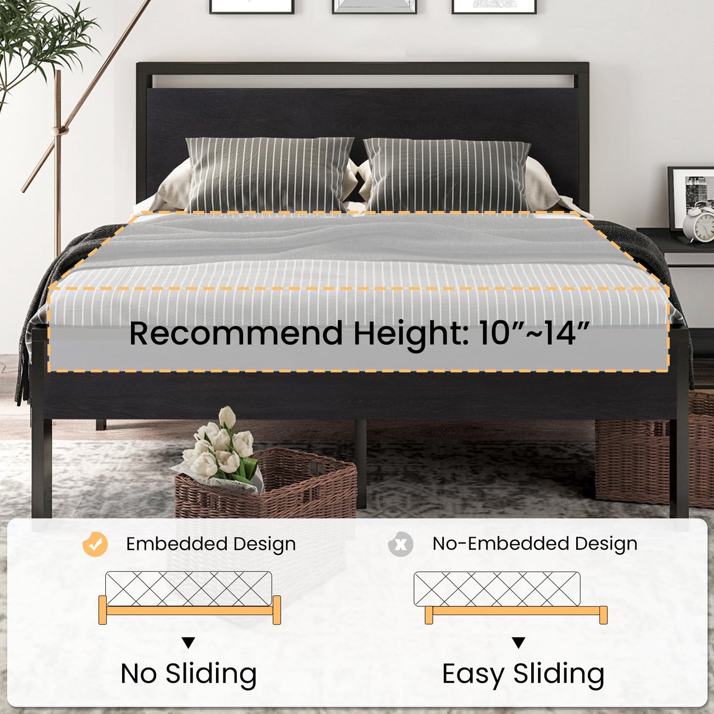 SHA CERLIN 14 Inch Queen Metal Bed Frame with Wooden Headboard