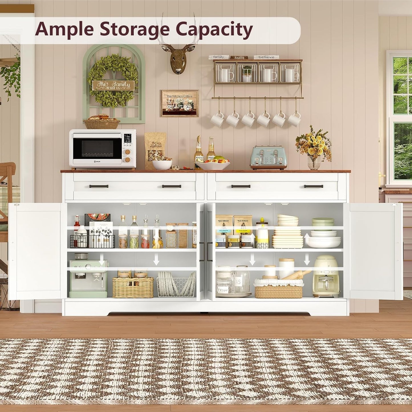 usikey Buffet Cabinet with Storage and Drawers, 55" Large Sideboard Buffet Cabinet with Adjustable Shelves and Doors, Modern Coffee Bar for Kitchen, Living Room, White