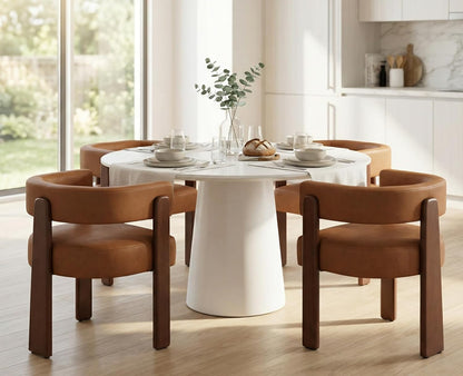 Shunzhi Brown Leather Barrel Dining Chairs Set of 4 Modern Upholstered Dining Room Chairs with Arms/Open Back Farmhouse Wooden Kitchen Chairs Comfy Accent Side Armchairs for Living Room