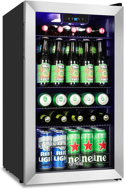 ORYMUSE 3.2 Cu.Ft Beverage Refrigerator, 130 Can Mini Fridge with Glass Door & Digital Temperature Control, Compressor Cooling Freestanding Cooler for Soda, Beer, Wine, Home, Office & Bar - Silver