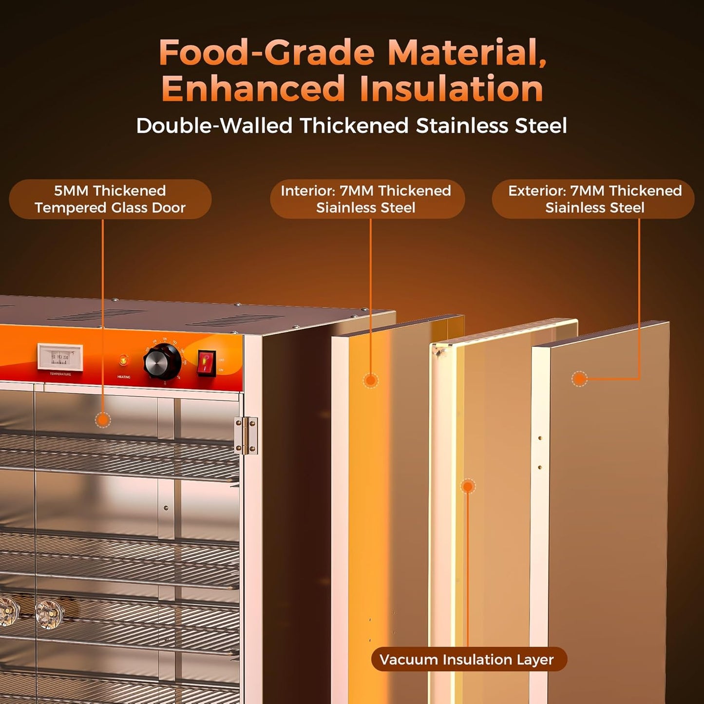 CAMMOO 133Qt 5-Tier 900W Commercial Food Warmer w/ 304 Blued Stainless Steel Heating Element, Double-Tempered Glass Door, Adjustable Shelf, Electric Catering Hot Box Countertop Heated Holding Cabinet