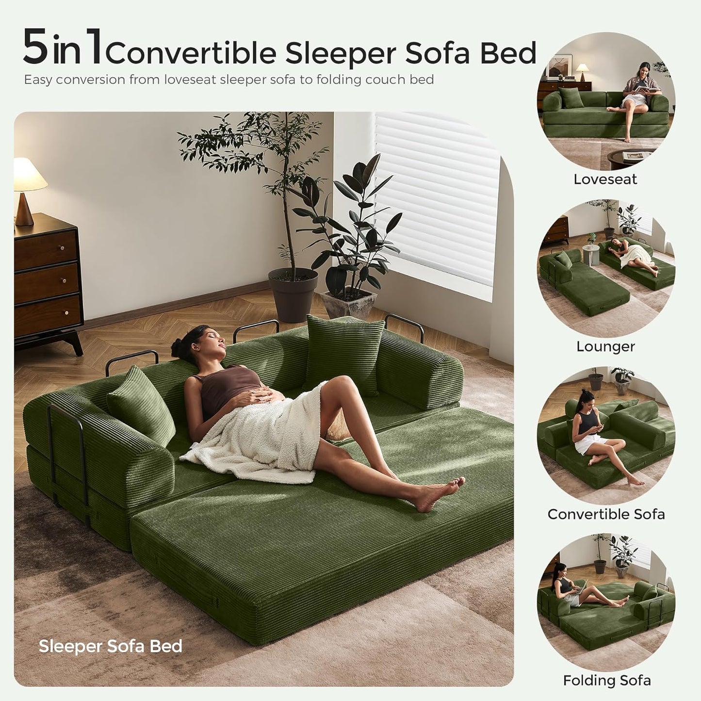 79" Convertible Sofa Bed with Fixed-Shape Frame & Removable Armrests, Modular Corduroy Sleeper Sofa, Folding Mattress Couch for Small Spaces - No Assembly Needed in Green (Includes 2 Pillows)