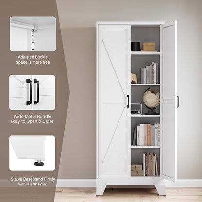 Yizosh Metal Storage Cabinet with Doors and 4 Adjustable Shelves - 75" White Kitchen Pantry Storage,4-Tier Tall Steel Cabinet Locker for Kitchen,Living Room,Dining Room