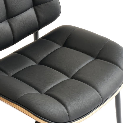GrandNoor Mid Century Modern Dining Chairs with Walnut Grain Back, Black Faux Leather Dining Room Chairs Set of 2, Checkered Soft Cushion Kitchen Chairs with Adjustable Foot Pads