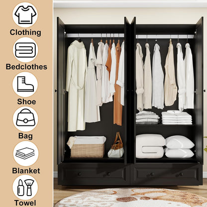 Armoire Wardrobe Closet with Drawers: 74" Black Tall Wooden Wardrobe Closet for Hanging Clothes, Large Bedroom Armoires with 2 Drawers, 4 Door Armoire Storage Cabinet (Black, 63")