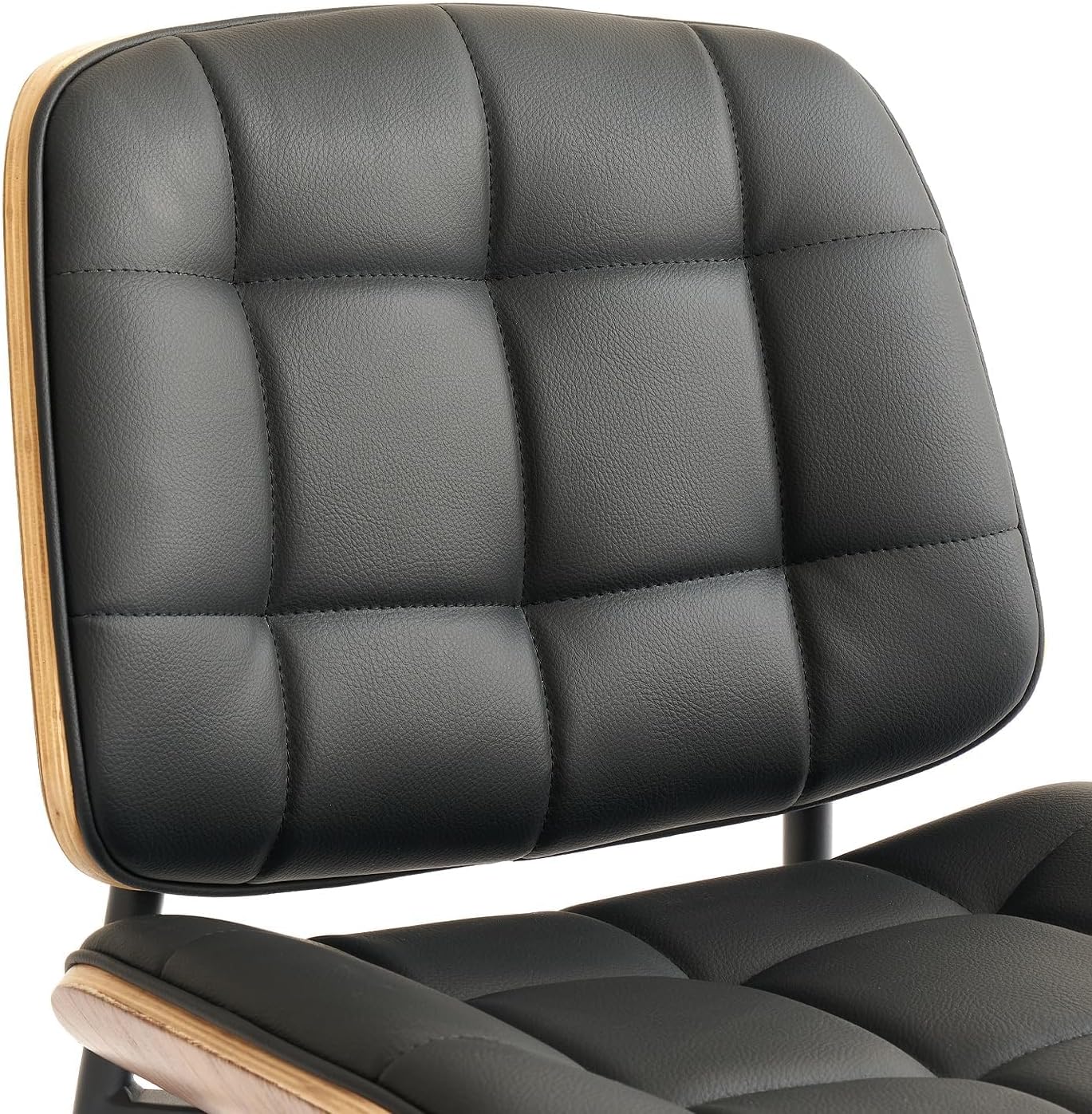 GrandNoor Mid Century Modern Dining Chairs with Walnut Grain Back, Black Faux Leather Dining Room Chairs Set of 2, Checkered Soft Cushion Kitchen Chairs with Adjustable Foot Pads