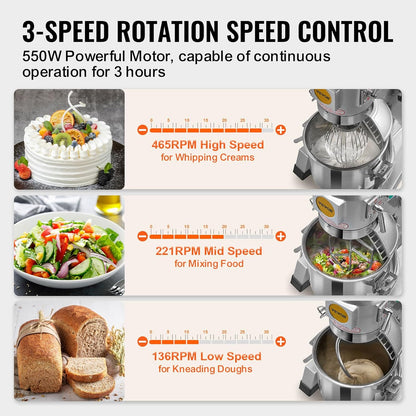VEVOR Commercial Food Mixer, 15Qt Capacity with Timer, 500W Stainless Bowl Durable Electric Mixer for Commercial Use, 3 Speed Options 113/184/341 RPM, Includes Dough Hook & Whisk