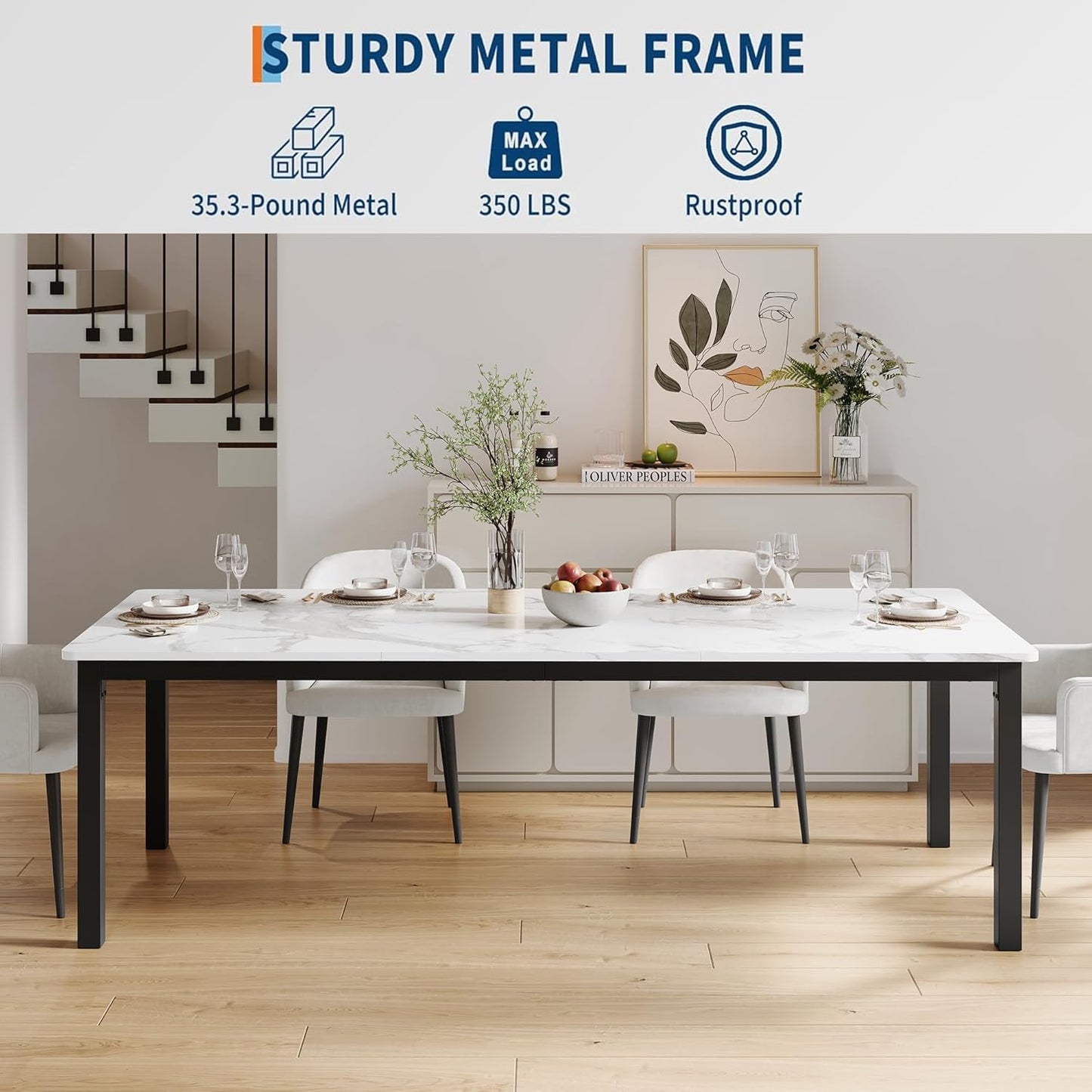 GarveeHome 70.8 in Industrial Dining Table for 6, Wooden Long Dinner Table with Mortise Tenon Design, Kitchen Table with Sturdy Metal Legs, for Dining Room Home Office Living Room, White